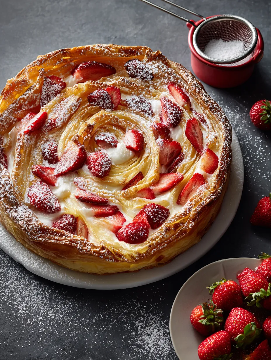 A strawberry cream filled pastry with strawberries on top.