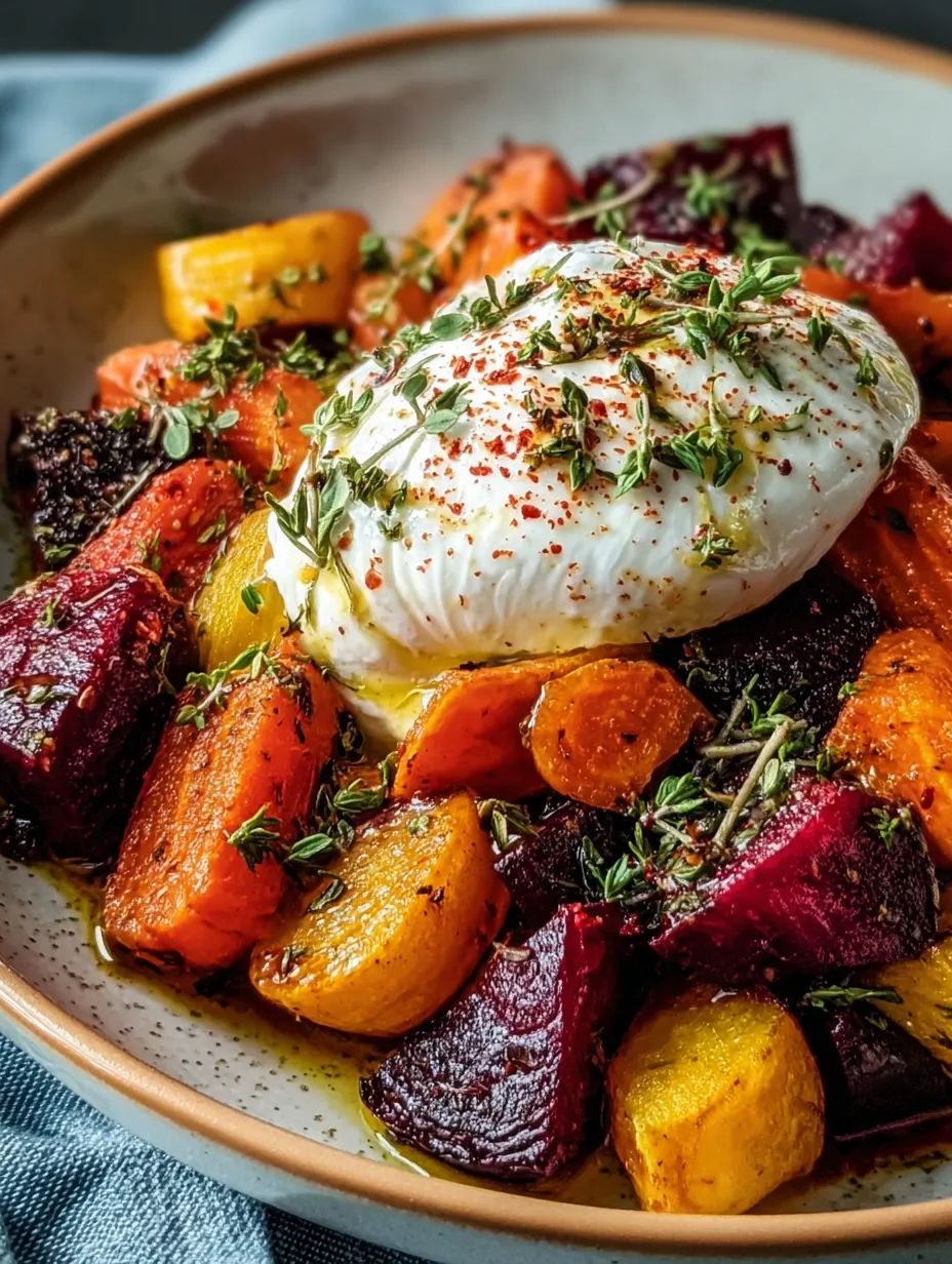 A bowl of roasted beets, carrots, and creamy burrata layered together.