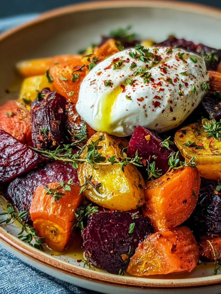 Laid-back Roasted Beets and Carrot Salad with Burrata, ready to serve.