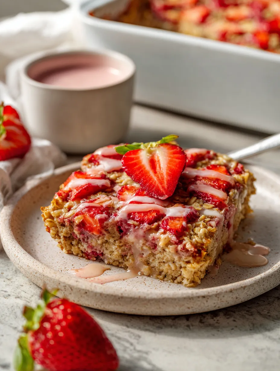A corner piece of Brown Butter Strawberry Baked Oatmeal, golden and topped with strawberries.