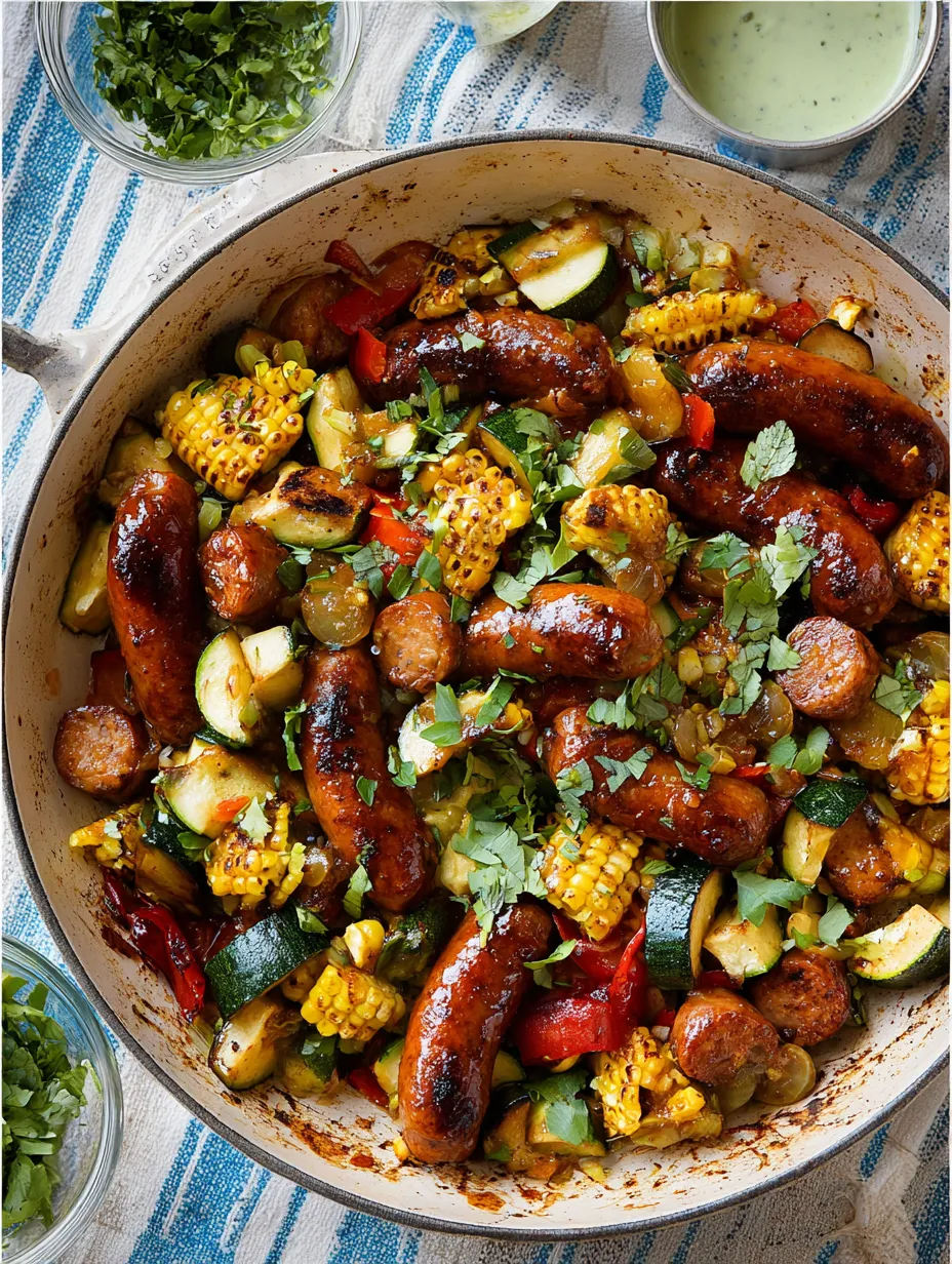 A bowl filled with sausage, fresh corn, and zucchini.