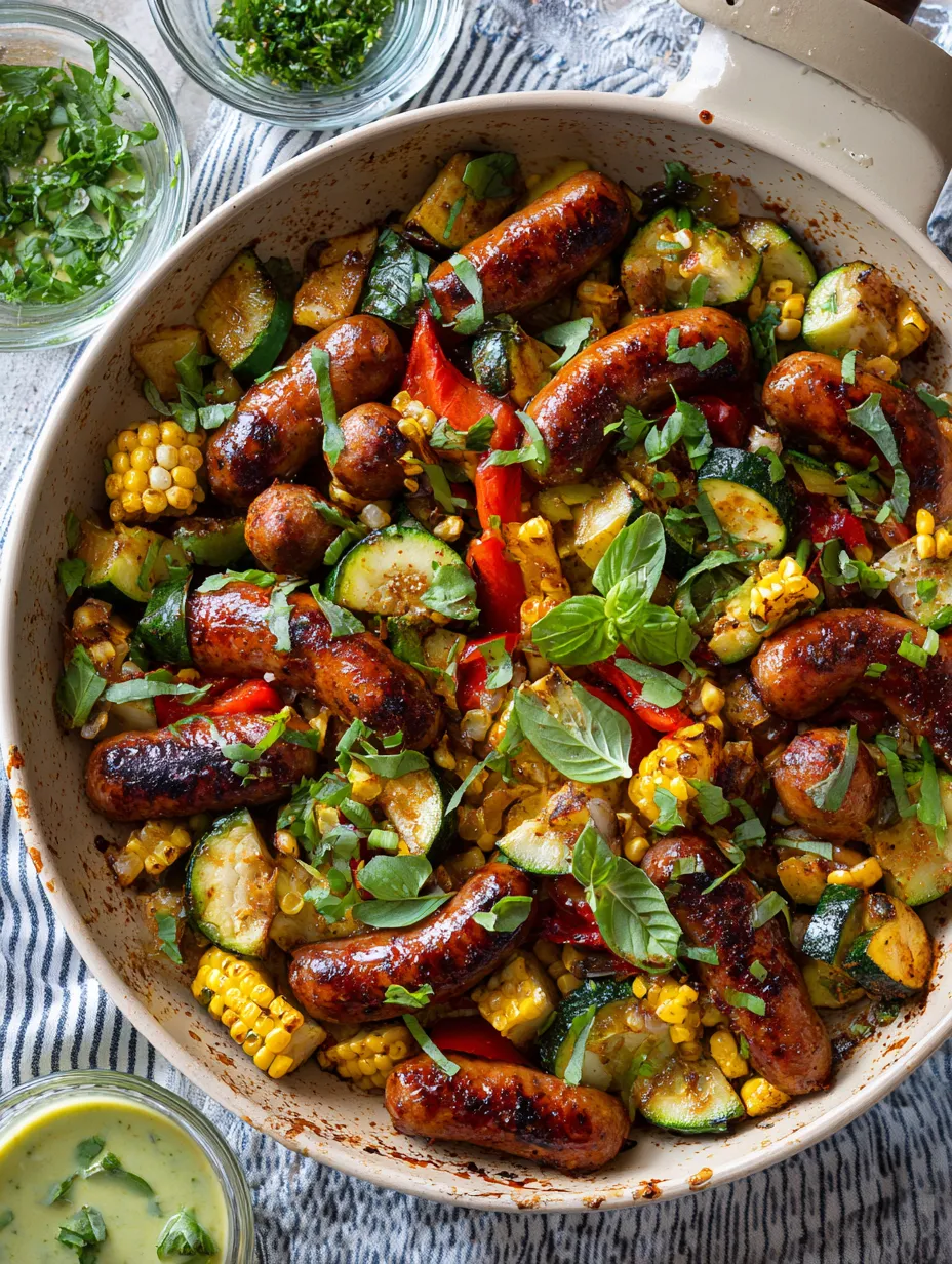 A bowl packed with juicy sausage and summer veggies.