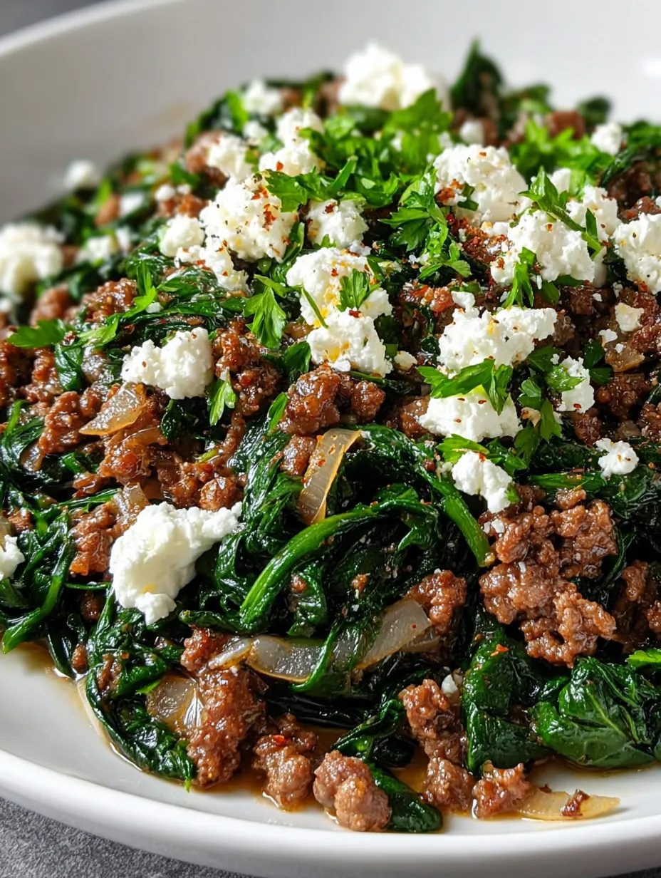 A serving of comforting ground beef skillet with wilted spinach and crumbled feta on a plate.