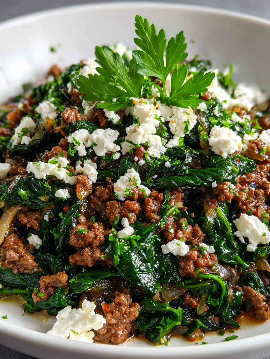 A one-pan meal of juicy beef, cooked spinach, and feta piled on a plate.