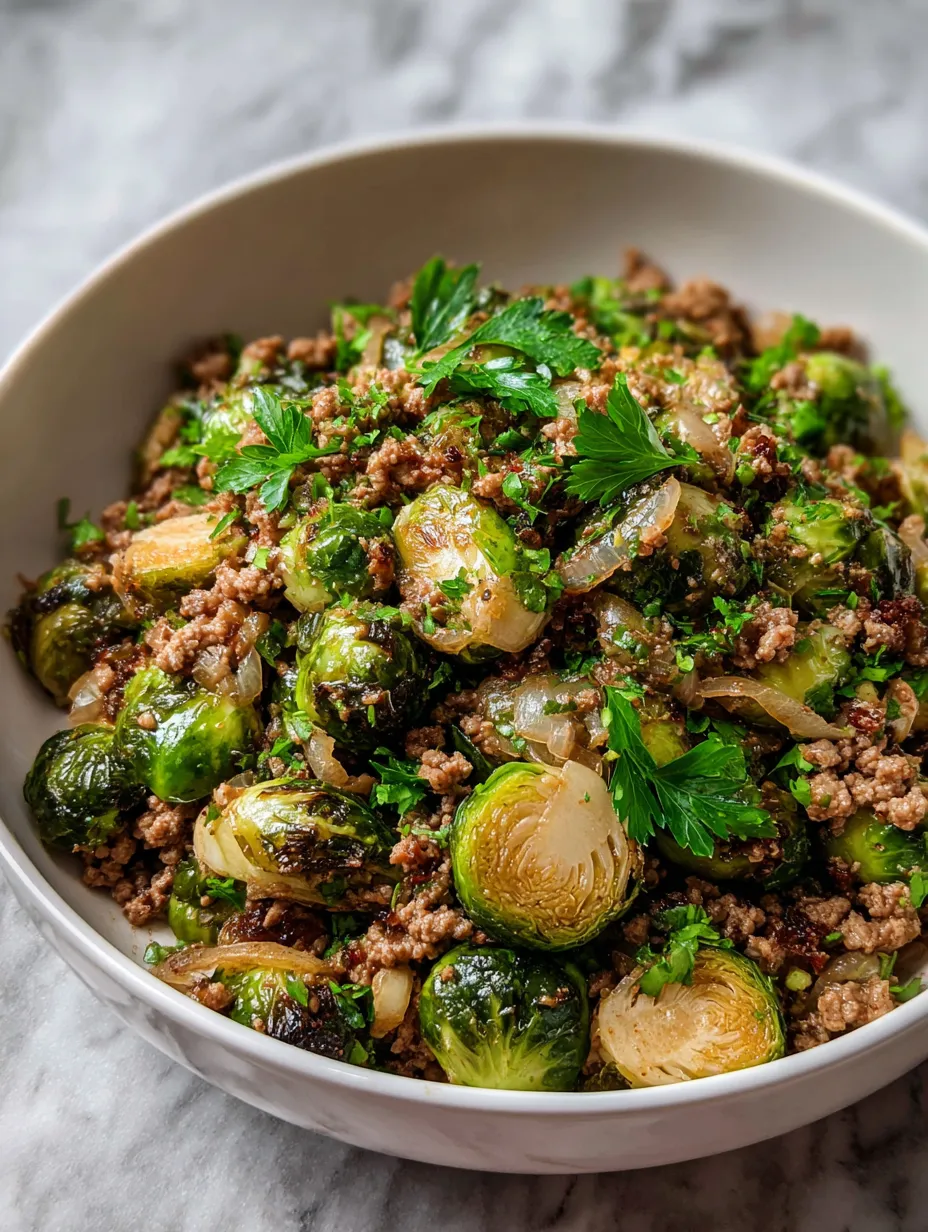 Bowl packed with brussels sprouts, ground turkey, and bright lemon.