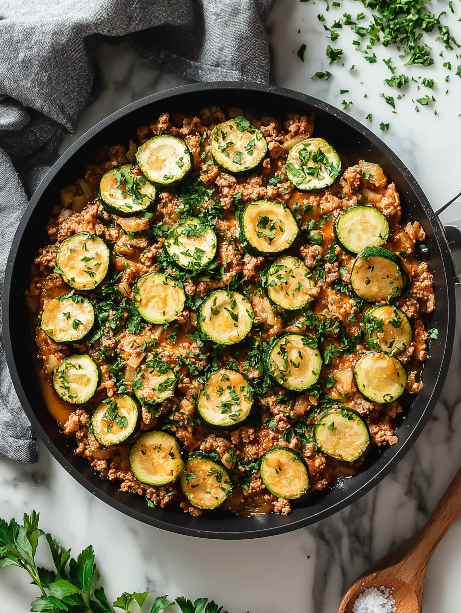 A pan filled with cooked turkey and zucchini, topped with melted cheese.