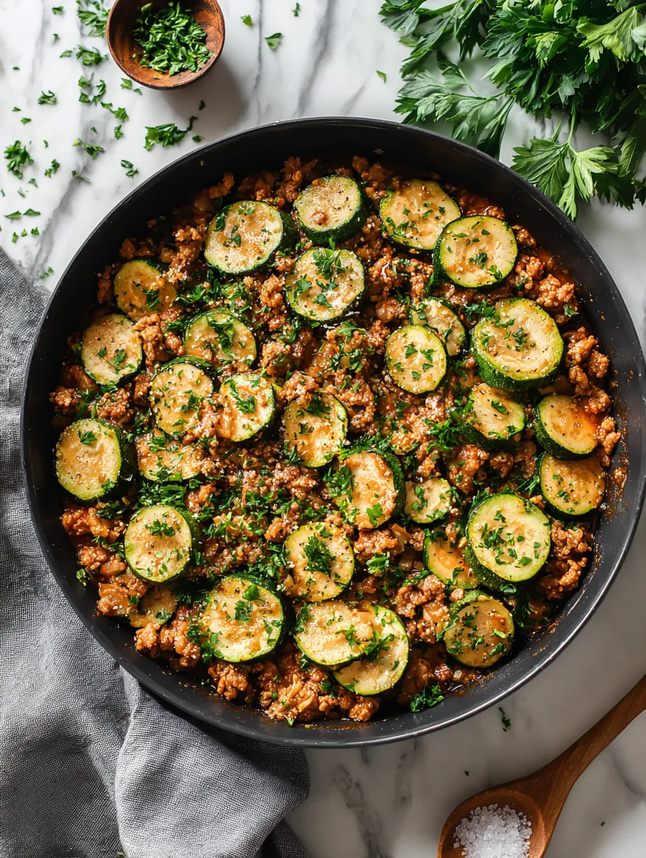 A plate stacked with zucchini, ground turkey, and veggies, all topped with cheese.