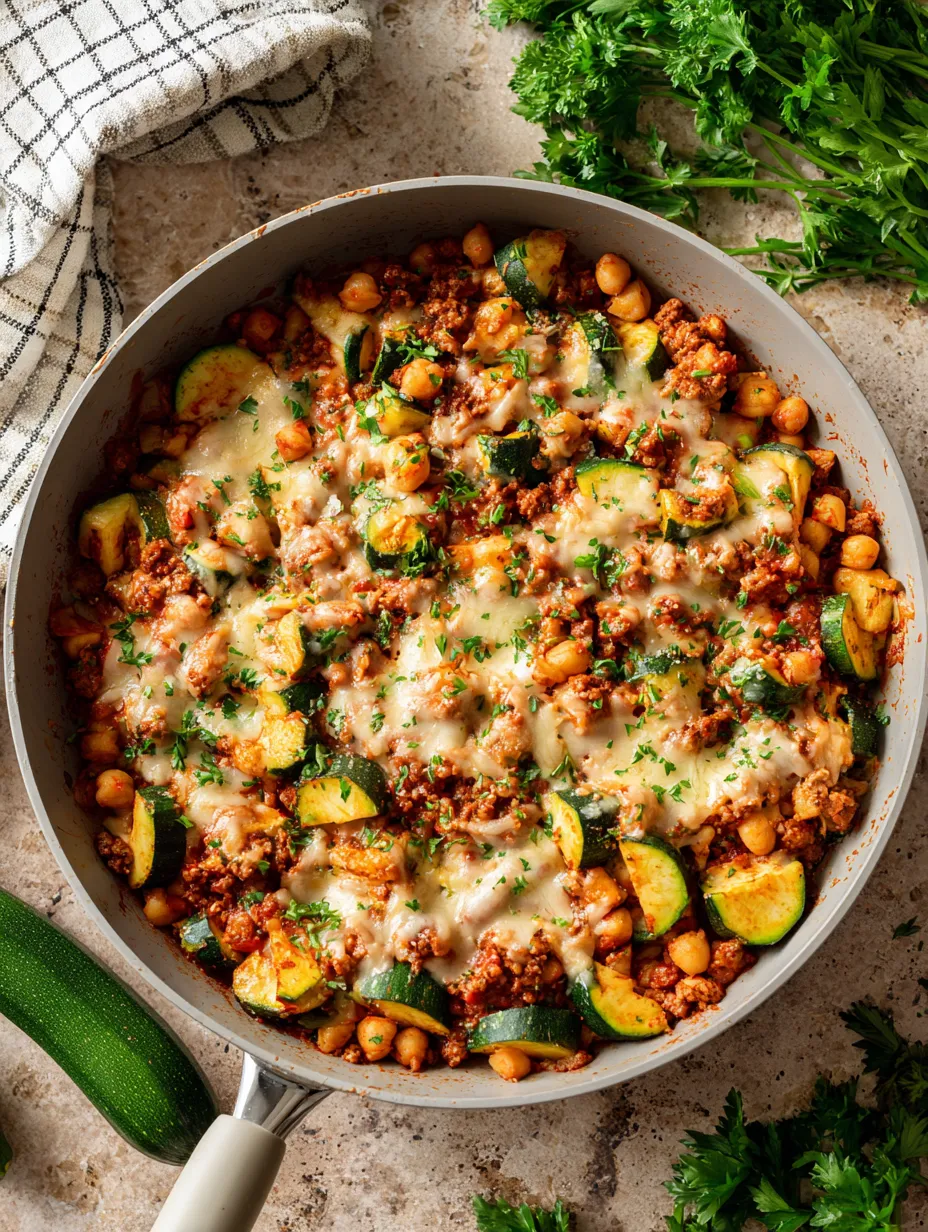 A bowl of food with zucchini, chickpeas, and meat.