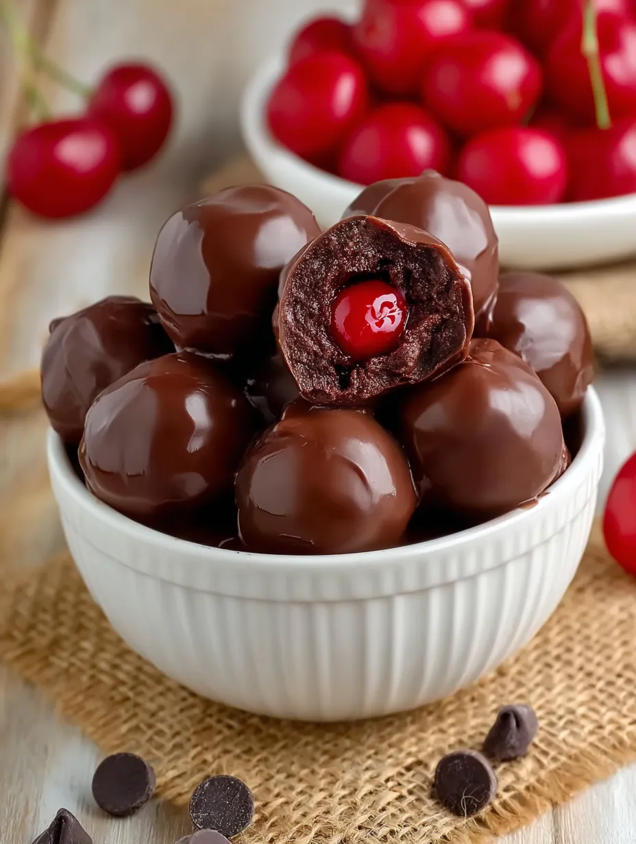 Bowl of chocolate balls with a cherry in the middle.
