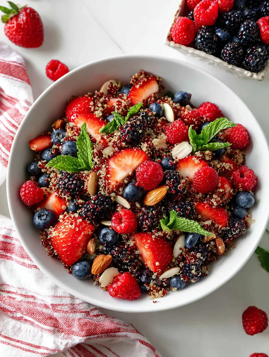 A bowl of fruit with berry quinoa.