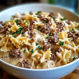 Beef and Bowtie Pasta with Alfredo Sauce