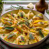Gouda and Pumpkin Stuffed Shells with Creamy Sage Alfredo Sauce