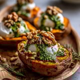 Sweet Potatoes with Burrata, Walnuts and Sage Pesto piled on top