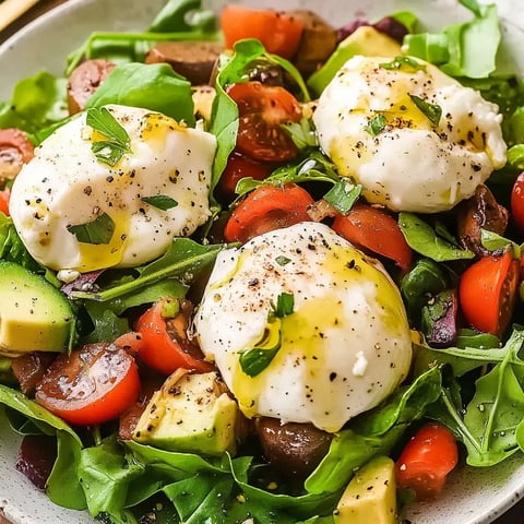 A colorful salad with greens, tomatoes, olives, avocado, and three soft-poached eggs drizzled in olive oil with a sprinkle of herbs and pepper.