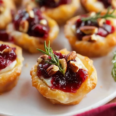 Close-up of crescent dough bites with brie, cranberry, pecans, and rosemary.