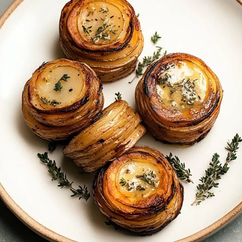 Layers of crispy potato rounds with fresh herbs on top.