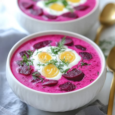 Cold Summer Beet Soup Served in Bowl
