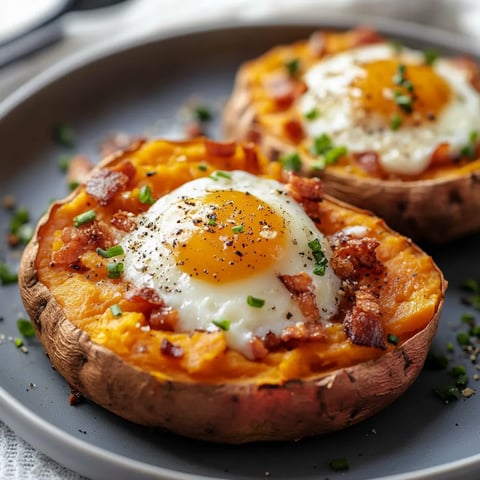 Cheesy Sweet Potatoes with Bacon and Egg