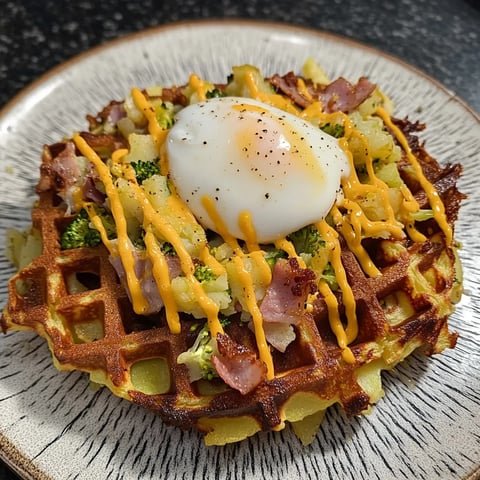 Golden Potato Waffles with Broccoli, Ham and Cheese